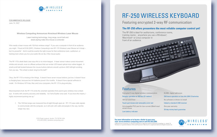 Wireless Computing press release and spec sheet design by Kreski Marketing